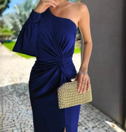 Women's Diagonal Shoulder Knot Split Solid Color Slim Fit Dress Women's Garments Apparel / Clothing