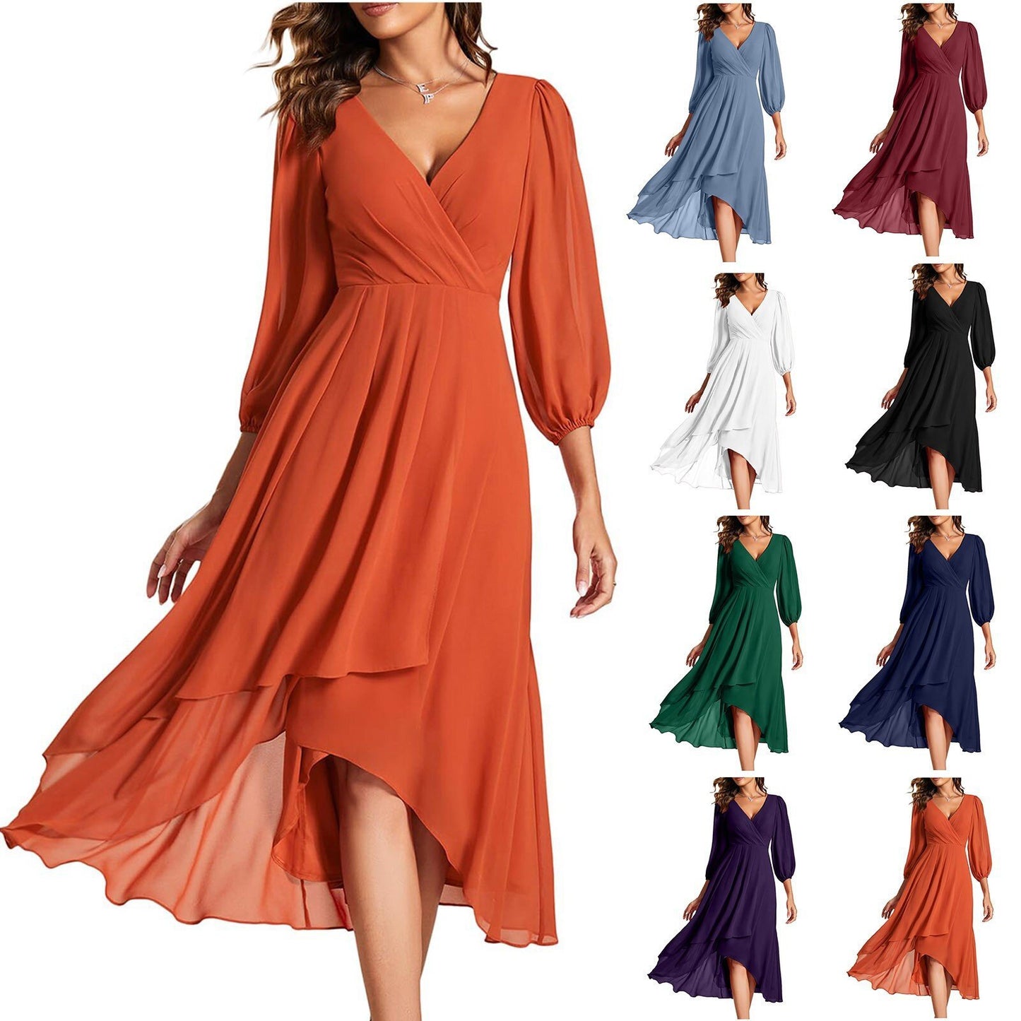 Women's V-neck Long-sleeved Dress Loose Party Evening Dress Women's Garments Apparel / Clothing