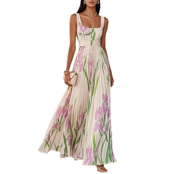 European And American Pleated Printing Dress Women's Garments Apparel / Clothing