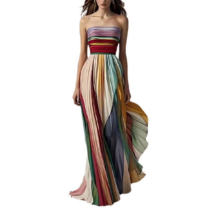Women's Sexy Tube Top Backless Printed Color Swing Maxi Dress Women's Garments Apparel / Clothing