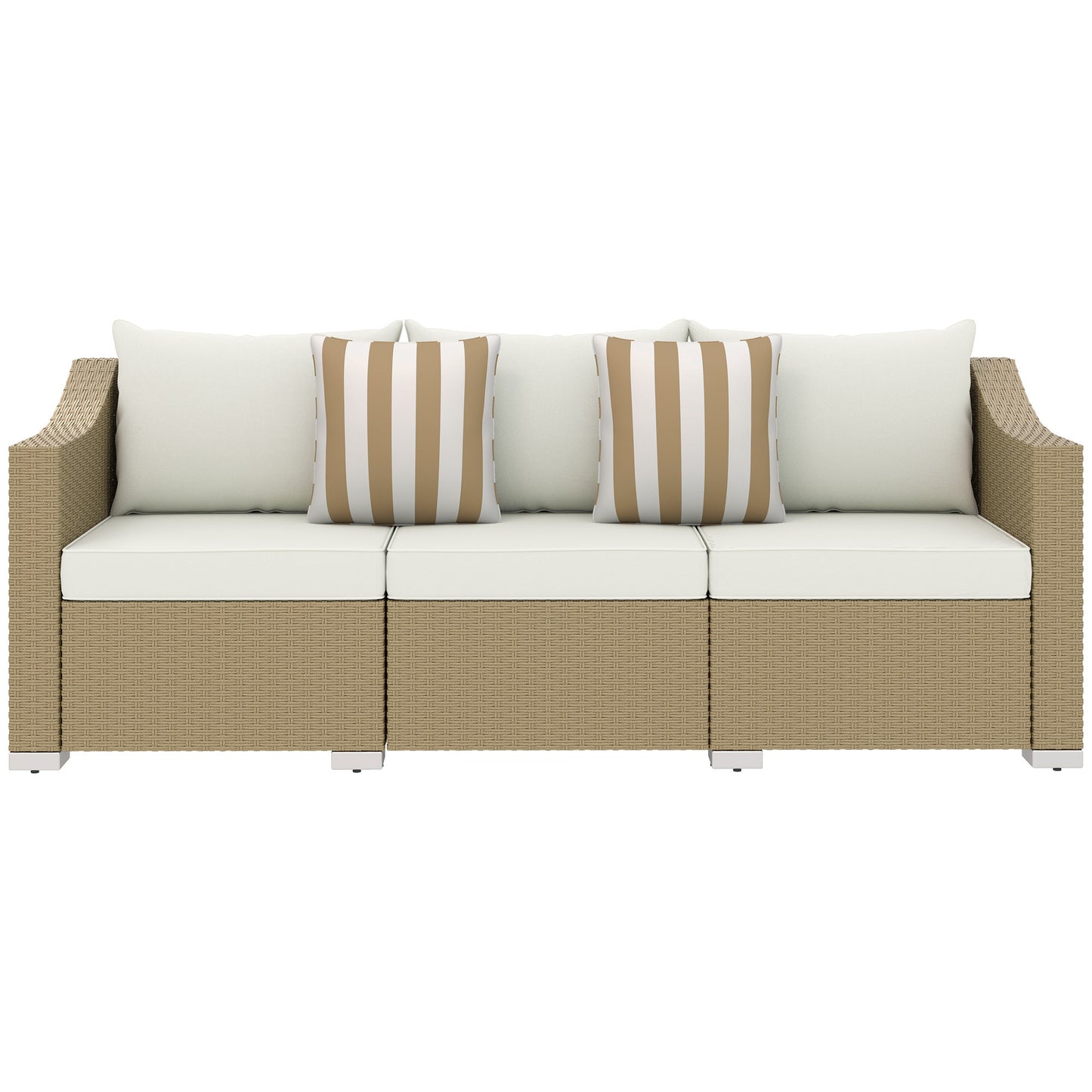 Rattan Wicker 3 Seater Patio Couch With Cushions, 2 Throw Pillows, Rattan Sofa, Cream White Outdoor Garden Patio Furniture