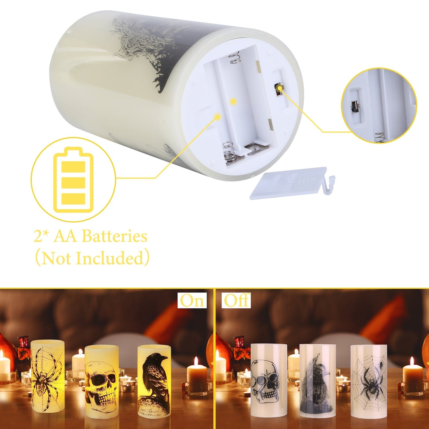 3 Pack Halloween Flameless Candle Lamp With Timer Setting Battery Operated Warm Orange Light Candles For Halloween Party Decoration Home Ornaments