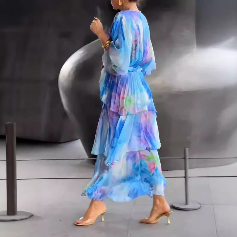European And American Printing Layered Dress Women's Garments Apparel / Clothing