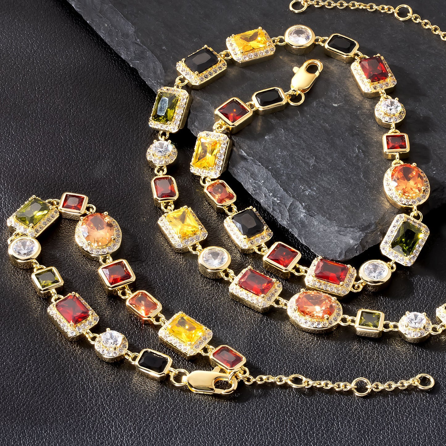 USA Stock Gorgeous Mixed Gemstone Tennis Chain 5A CZ Gem 18K Gold Plated Vintage Multi Colored Jewelry Necklace For Women Men