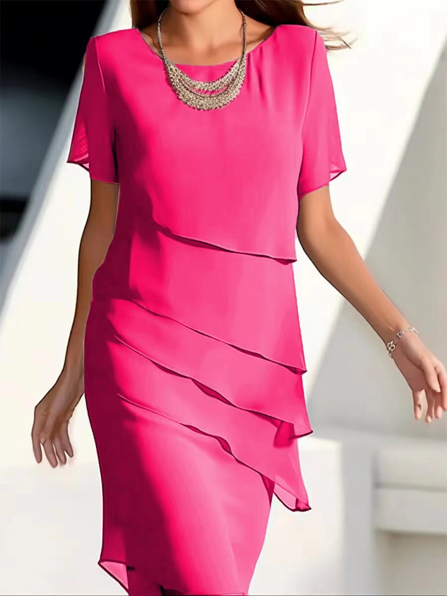 Women's Dress Chiffon Patchwork Round Neck Short Sleeve Women's Garments Apparel / Clothing