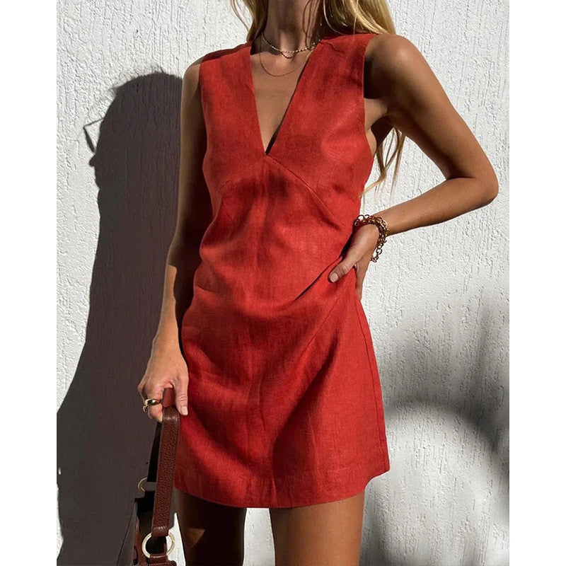 V-neck Cotton And Linen Sleeveless Dress Women's Solid Color Vest Short Skirt Women's Garments Apparel / Clothing