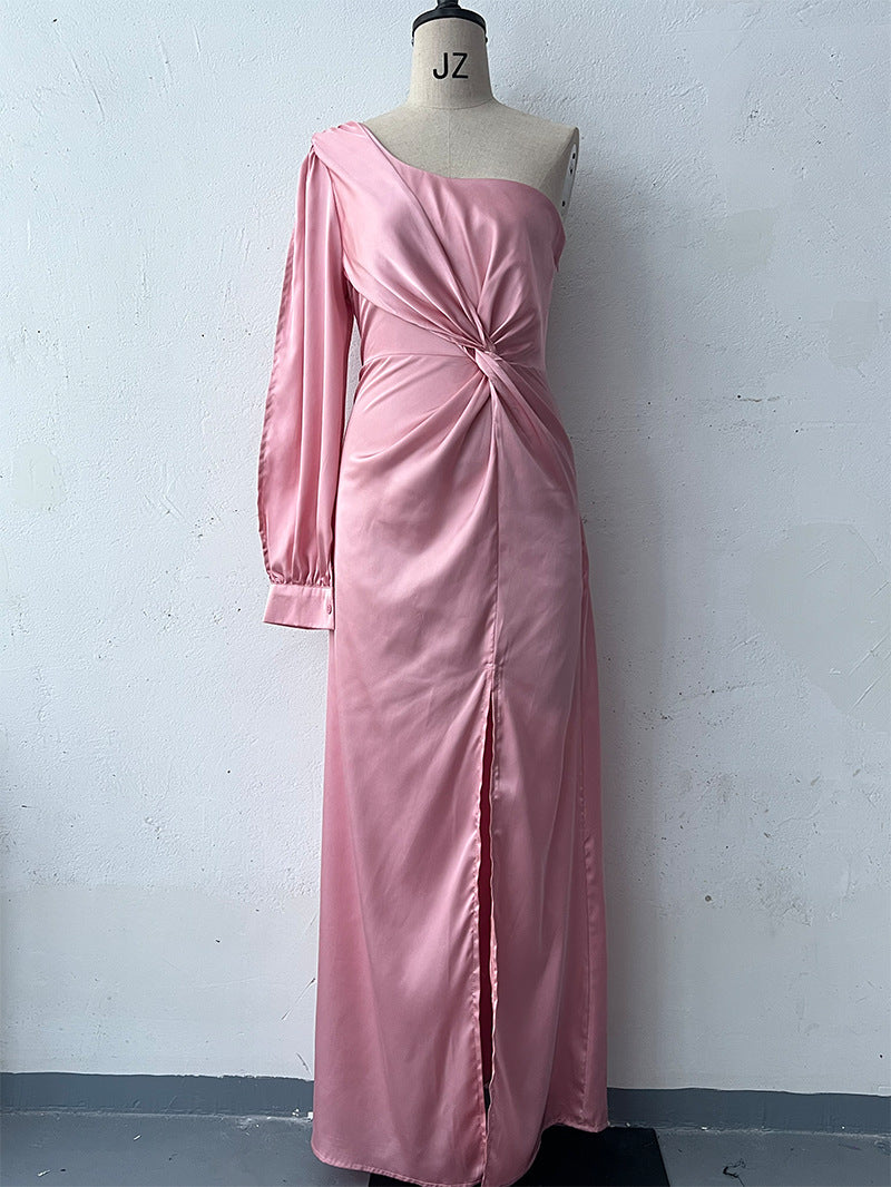 Women's One-shoulder Split Dress Ins Fashion Long-sleeved Slim Long Dresses Party Evening Women's Garments Apparel / Clothing