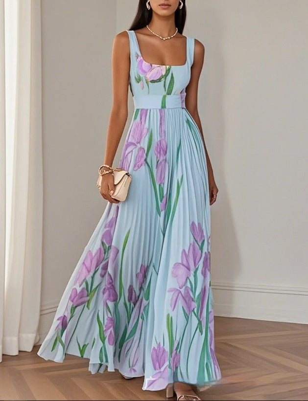 European And American Pleated Printing Dress Women's Garments Apparel / Clothing