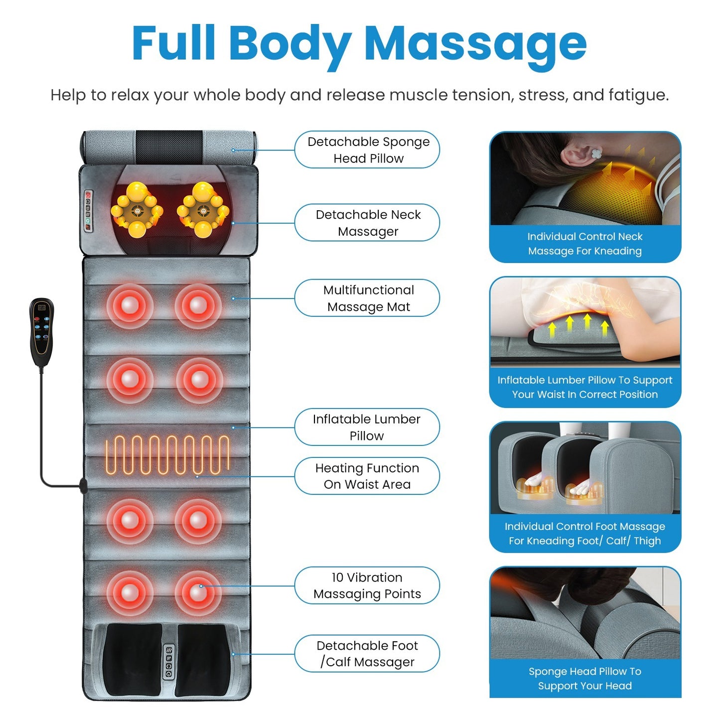 1Set Full Body Electric Massage Mat Heating Vibration Massage Pad Cushion Back Massage Mattress Chair Pad With Neck Foot Massage Head Pillow And Cloth Lumbar Pillow Timer Anti-Slip Bottom Home Essentials