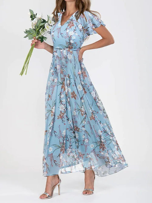 Flowers Print Short Sleeve Dress Summer Fashion Ruffle Beach Dresses Women's Garments Apparel / Clothing