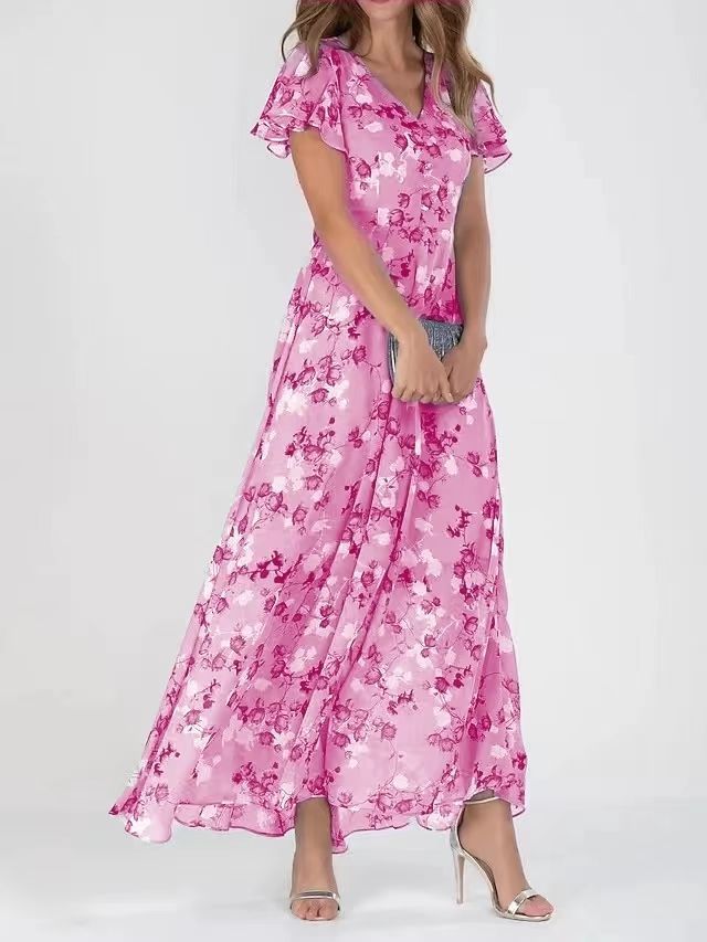 Flowers Print Short Sleeve Dress Summer Fashion Ruffle Beach Dresses Women's Garments Apparel / Clothing
