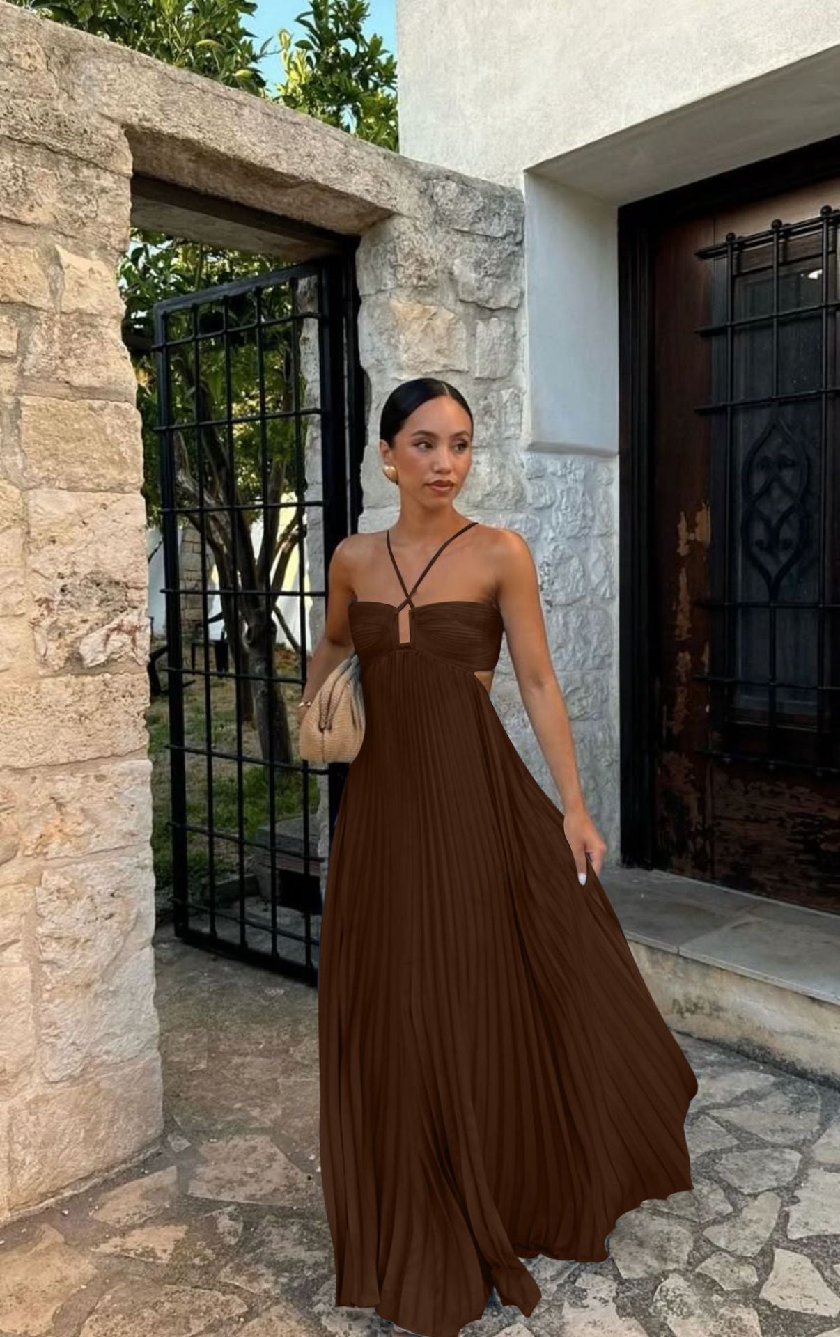 Ins Pleated Sleeveless Sling Dress Hollow High Waist Halter Robe Dresses For Evening Party Club Women's Garments Apparel / Clothing