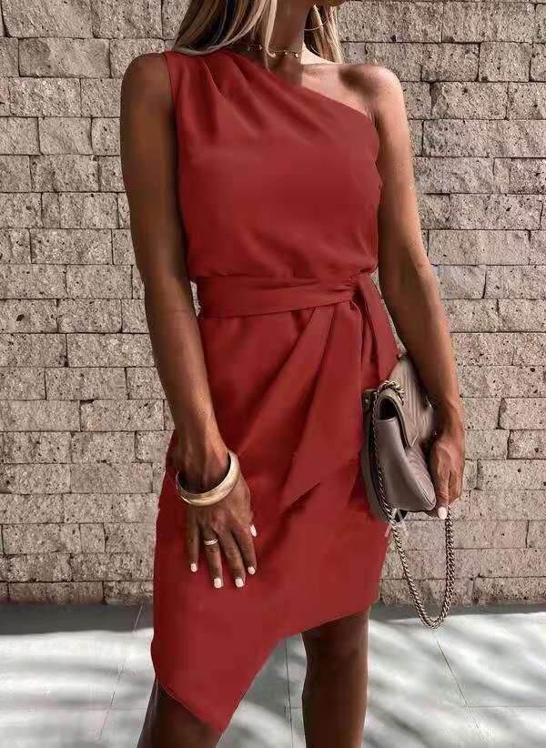 Spring And Summer Models Solid Color Sleeveless Slanted Shoulder Irregular Tie Party Dress Women's Garments Apparel / Clothing