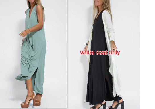 New Solid Color V-neck Sleeveless Dress Long Cardigan Jacket Suit For Women's Garments Apparel / Clothing