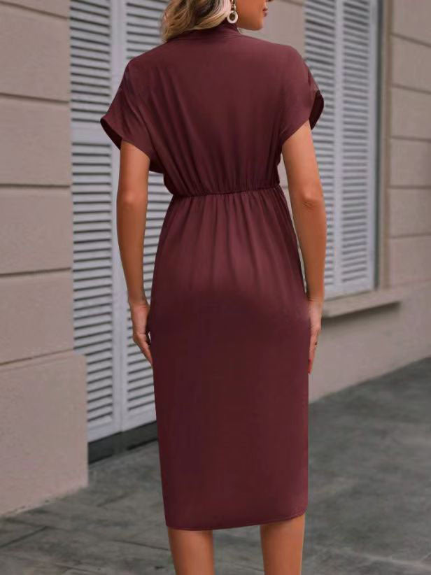 Summer Batwing Sleeve Dress Fashion V-neck Short Sleeve Pleated Dresses Women's Garments Apparel / Clothing