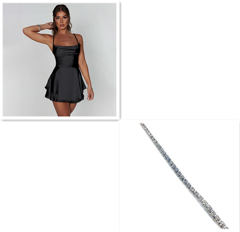 Sexy Suspender Skirt For Women Elegant Slim Strap Satin Backless Lace Up A-Line Short Dress Lady Women's Garments Apparel / Clothing