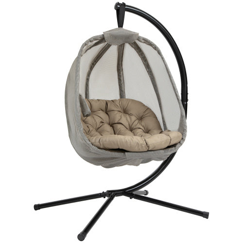 Khaki Outsunny Hanging Egg Chair with Stand, Folding Texteline Swing Hammock with Cushion & Side Pocket, Indoor/Outdoor Garden Patio Furniture