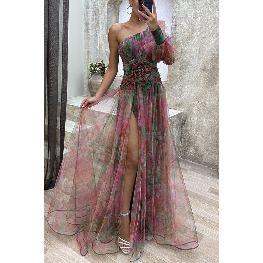 Mesh Tie-dye Printed Off-shoulder Slit Dress Summer INS Fashion Long Dress Party Women's Garments Apparel / Clothing