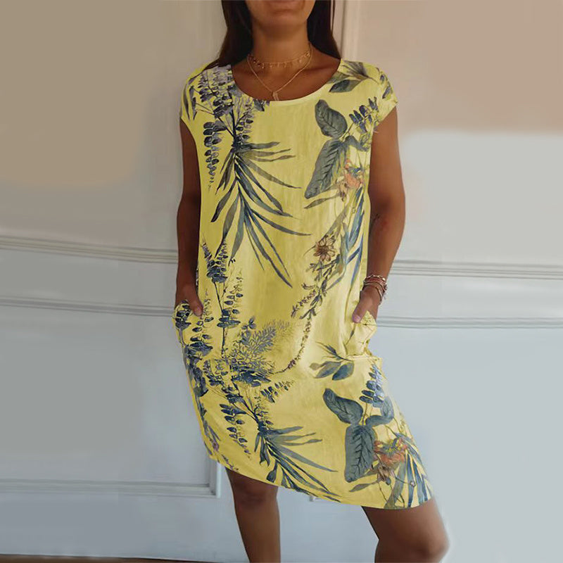 Flower And Leaf Printed Straight Dress Summer Loose Round Neck Short Sleeve Dresses Women's Garments Apparel / Clothing