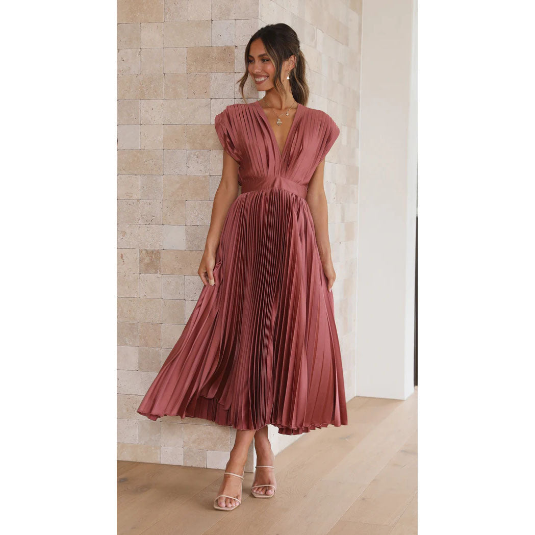 Summer V-neck Pleated Dress INS Fashion Casual Loose Zip Sleeveless Dresses For Women's Garments Apparel / Clothing