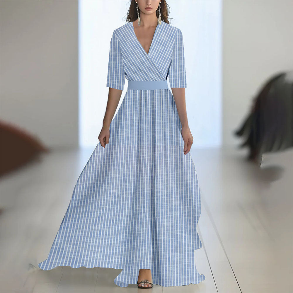 Printed Long Sleeved V-neck Patchwork Dress Women's Garments Apparel / Clothing