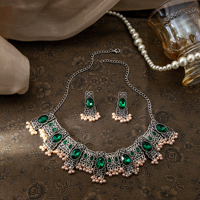 Vintage Emerald Earrings Ethnic Style Square Tassel Bead Pendant Jewelry Suit Jewelry/Accessories