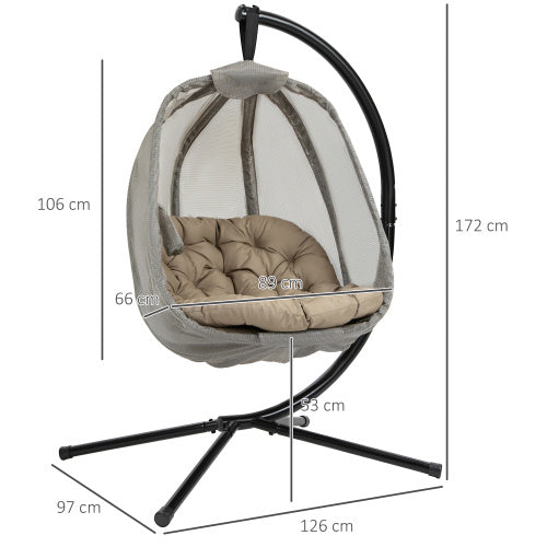 Khaki Outsunny Hanging Egg Chair with Stand, Folding Texteline Swing Hammock with Cushion & Side Pocket, Indoor/Outdoor Garden Patio Furniture