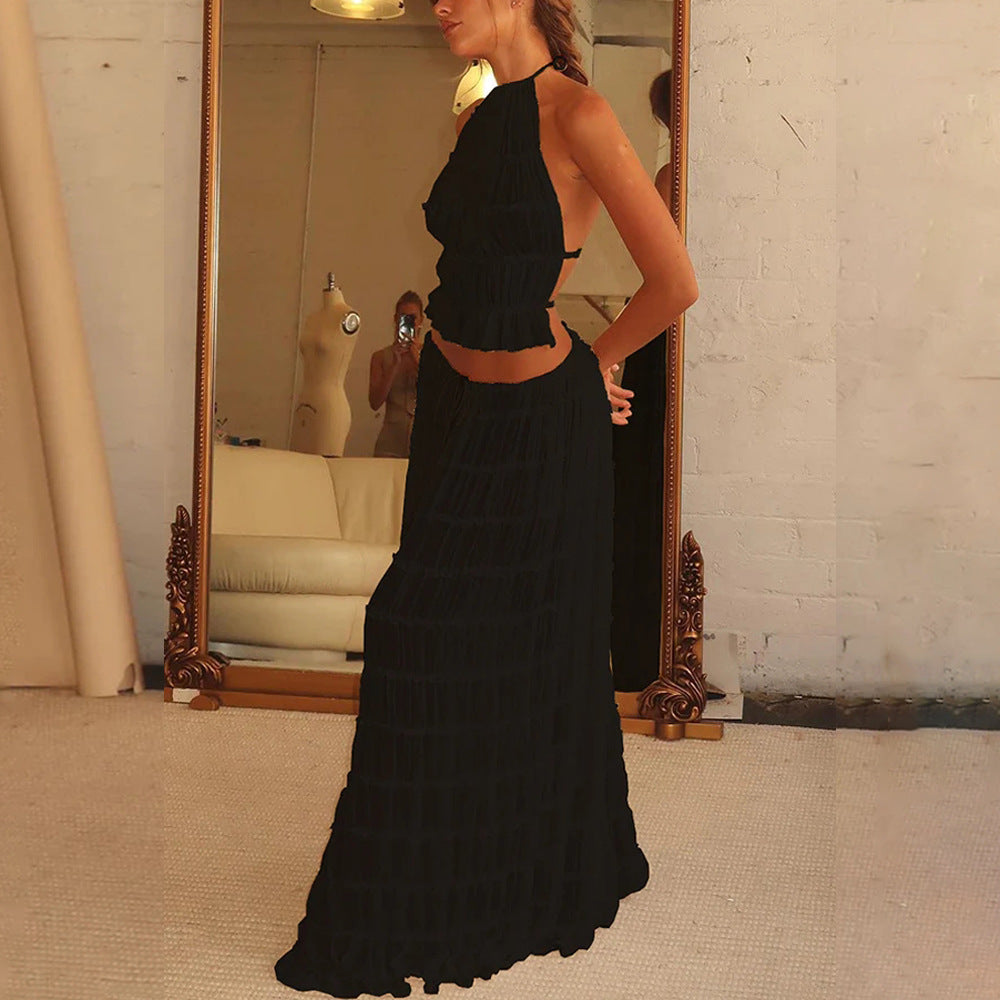 2pcs Women's Dress Suit Sexy Sleeveless Backless Cropped Halter Top And Pleated Long Skirt Beach Women's Garments Apparel / Clothing