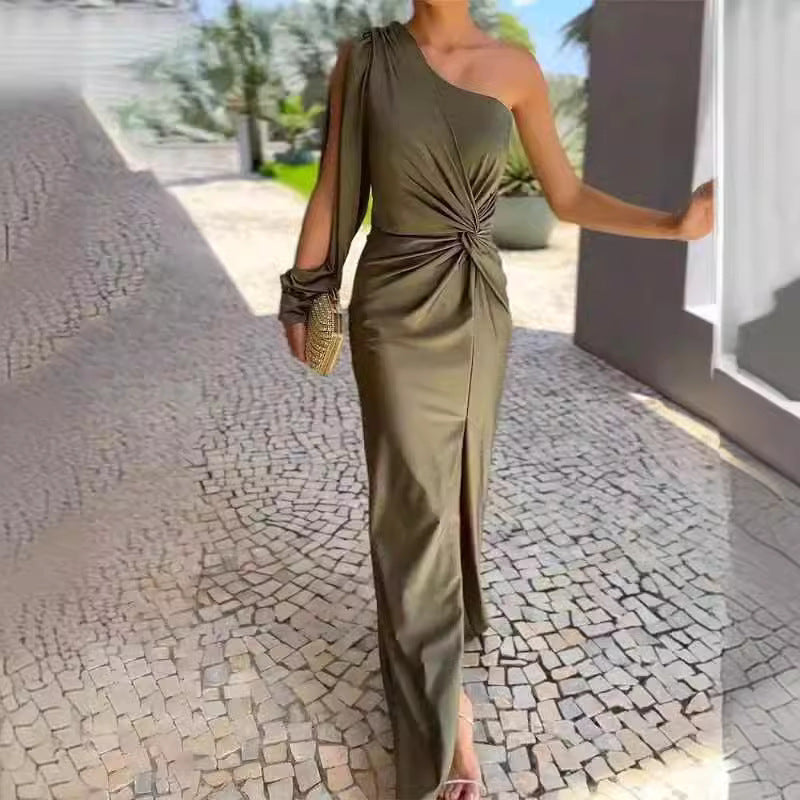 Women's Diagonal Shoulder Knot Split Solid Color Slim Fit Dress Women's Garments Apparel / Clothing