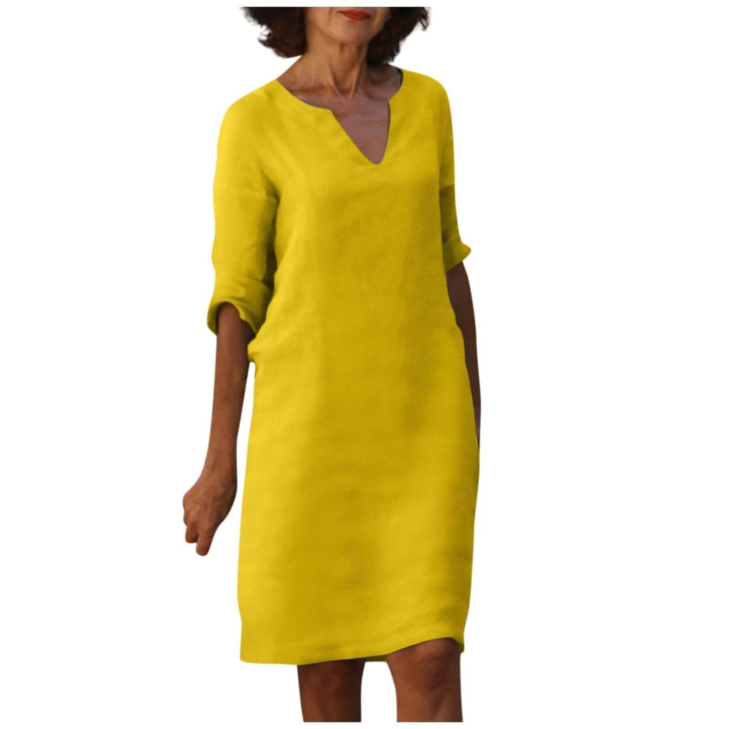 Cotton And Linen V-neck Dress Summer Stitching Retro High Waist Pure Color Dresses Women's Garments Apparel / Clothing