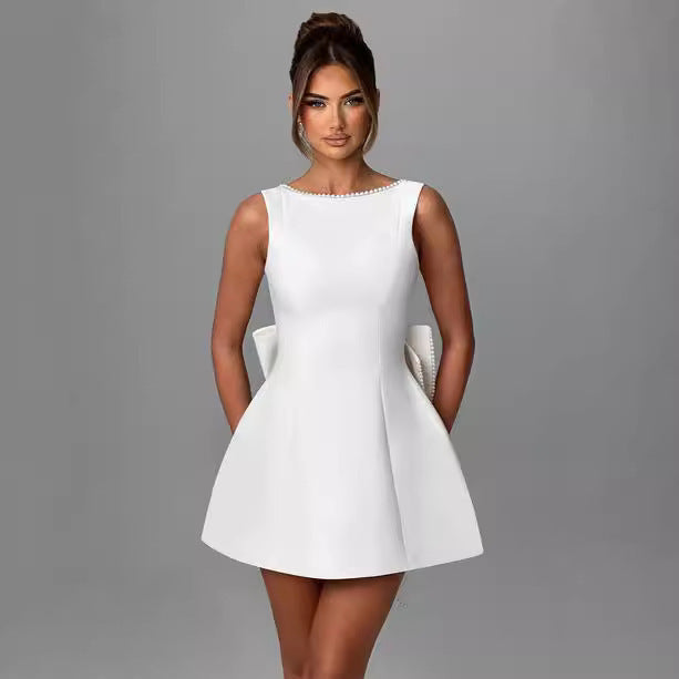 Fashion Big-Bowed Pearls Backless Dress Summer Slim Sleeveless A-line Dresses For Party Evening Women's Garments Apparel / Clothing