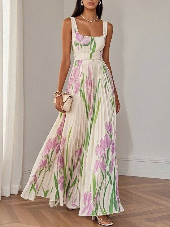 European And American Pleated Printing Dress Women's Garments Apparel / Clothing