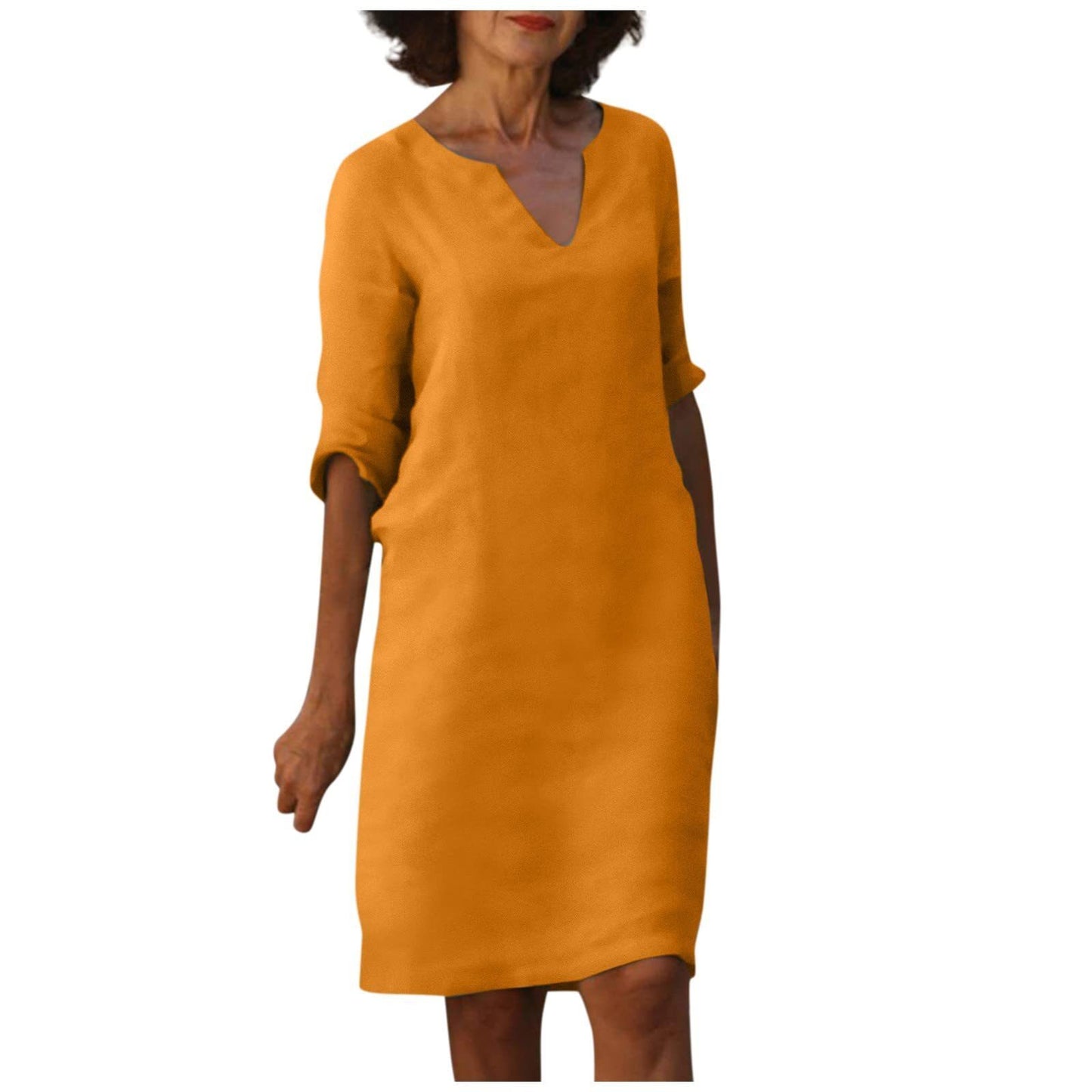 Cotton And Linen V-neck Dress Summer Stitching Retro High Waist Pure Color Dresses Women's Garments Apparel / Clothing