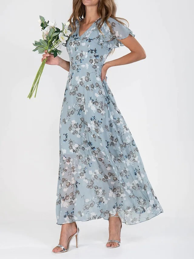 Flowers Print Short Sleeve Dress Summer Fashion Ruffle Beach Dresses Women's Garments Apparel / Clothing