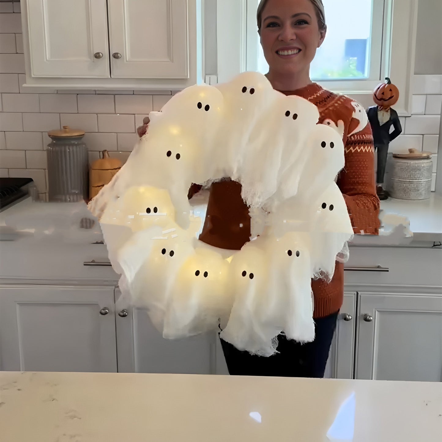 Halloween Decorations Ghost Wreath Cute Ghost Halloween Door Sign For Door Porch Wall Holiday Home Decor Glow Ghost Lights Home Ornaments