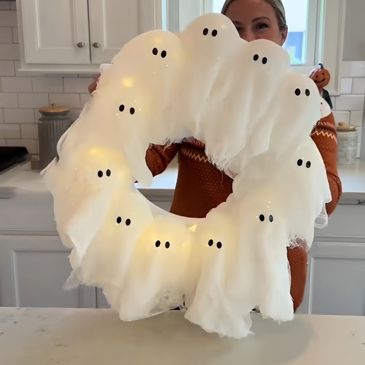 Halloween Decorations Ghost Wreath Cute Ghost Halloween Door Sign For Door Porch Wall Holiday Home Decor Glow Ghost Lights Home Ornaments