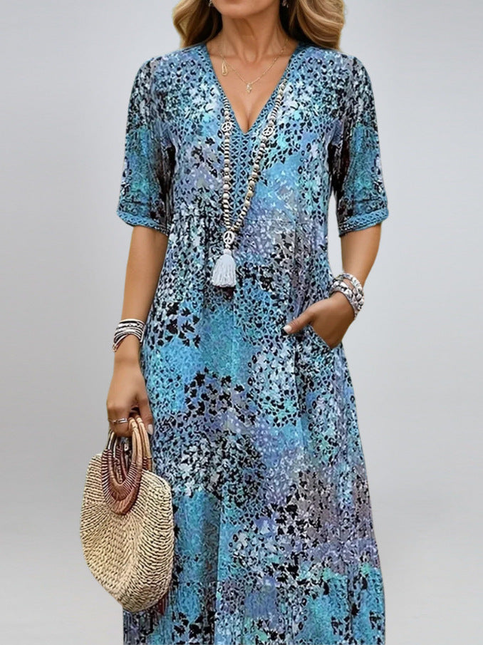 Summer V-neck Half-sleeved Dress With Pockets Fashion Ethnic Print Dresses Beach Holiday Women's Garments Apparel / Clothing