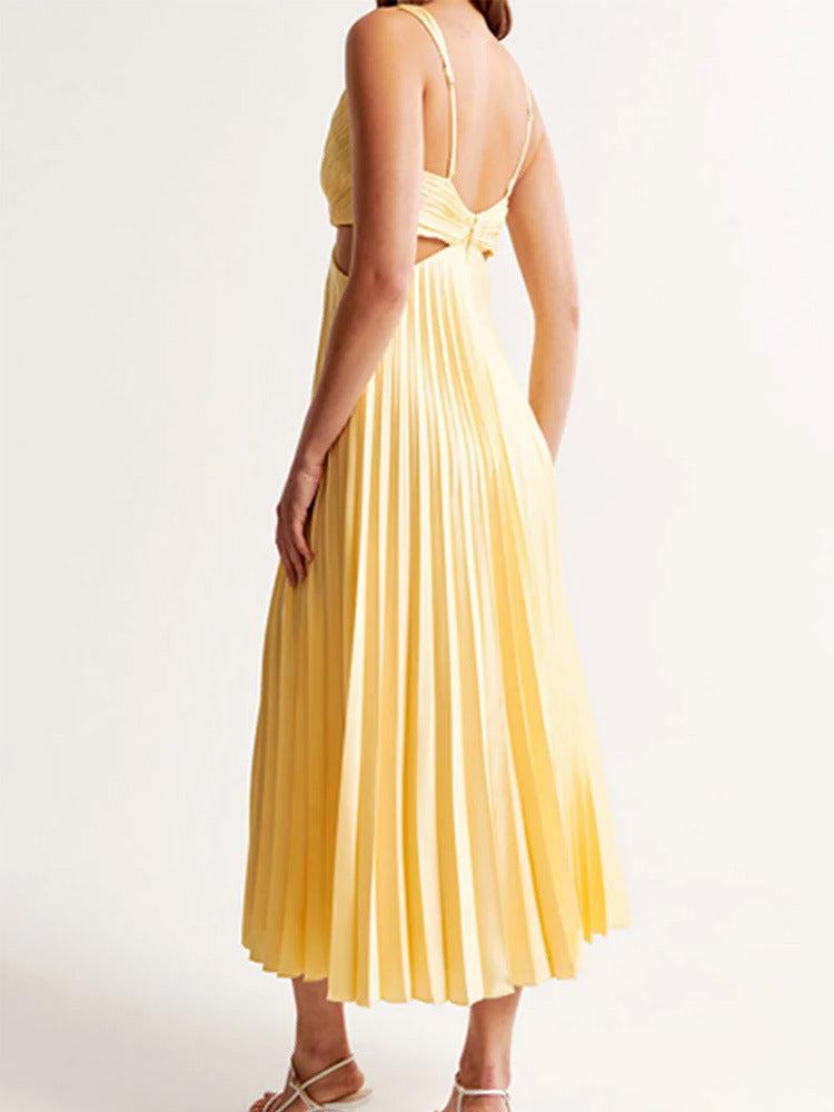 Ins Suspender Pleated Long Dress With Hollow-waisted Design Fashion V-neck Backless Dresses Summer Women's Garments Apparel / Clothing