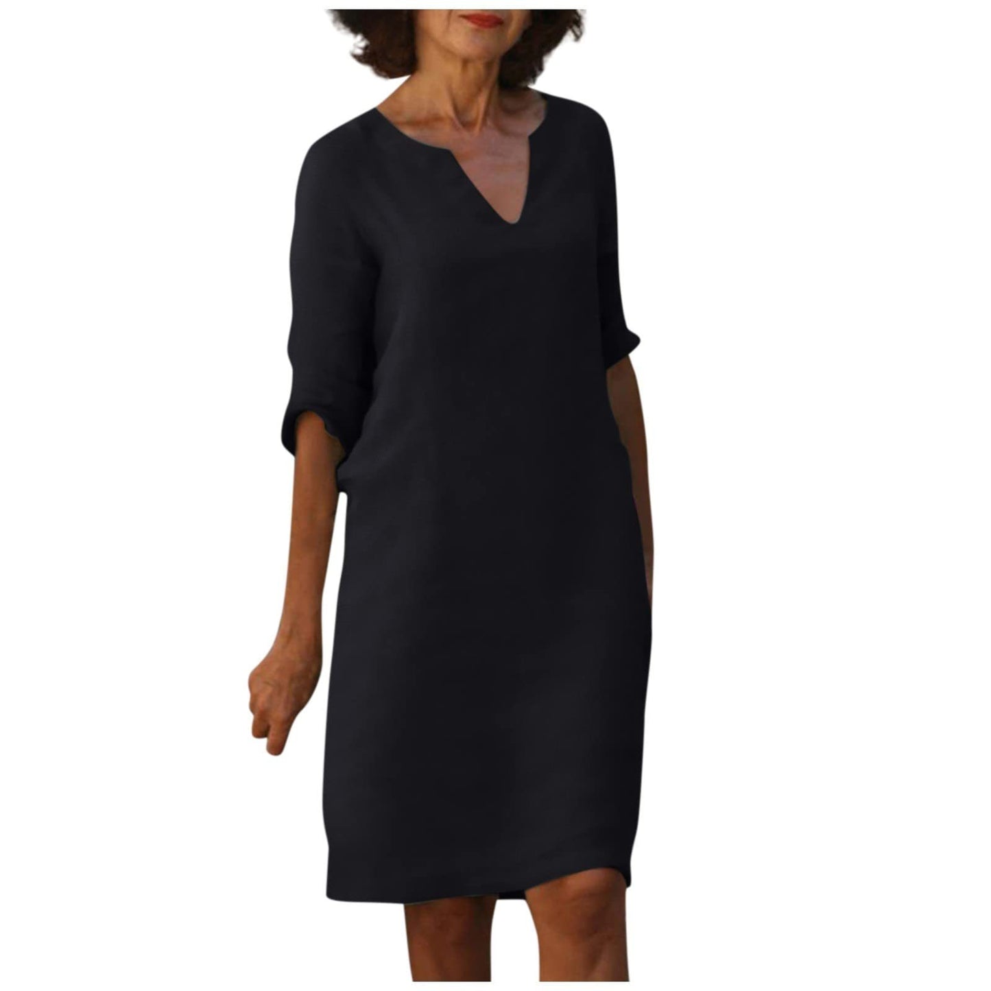 Cotton And Linen V-neck Dress Summer Stitching Retro High Waist Pure Color Dresses Women's Garments Apparel / Clothing