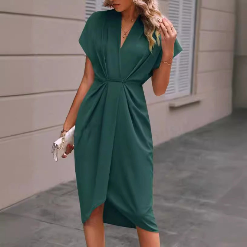 Summer Batwing Sleeve Dress Fashion V-neck Short Sleeve Pleated Dresses Women's Garments Apparel / Clothing