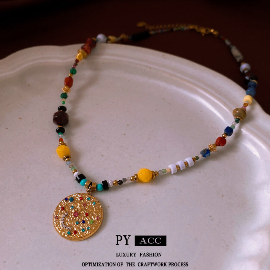 Colorful Stone Stringed Pearls Pendant Necklace All-match Necklace Clavicle Chain Jewelry & Accessories
