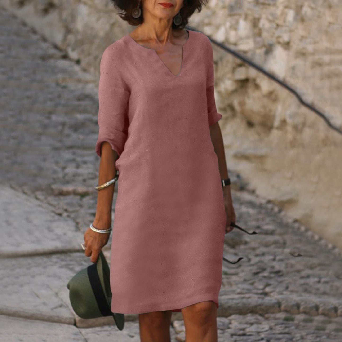 Cotton And Linen V-neck Dress Summer Stitching Retro High Waist Pure Color Dresses Women's Garments Apparel / Clothing