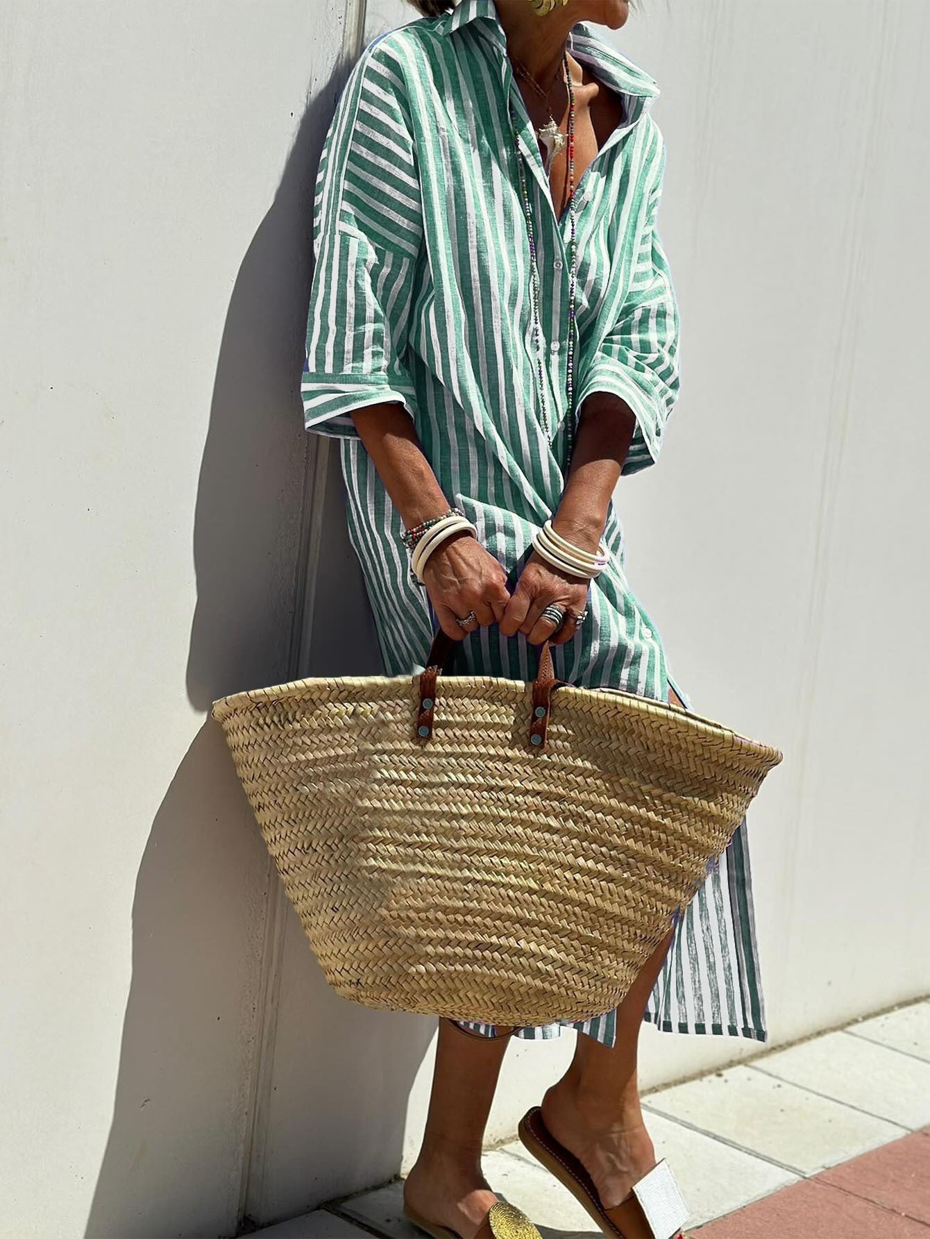 Striped Shirt Dress With Belt Fashion Half-sleeved Lapel Button Cardigan Dresses Women's Garments Apparel / Clothing