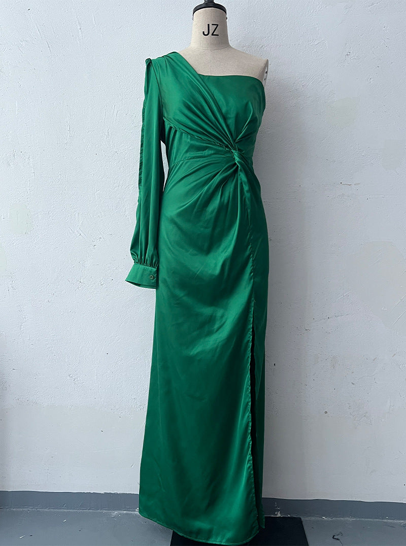 Women's One-shoulder Split Dress Ins Fashion Long-sleeved Slim Long Dresses Party Evening Women's Garments Apparel / Clothing