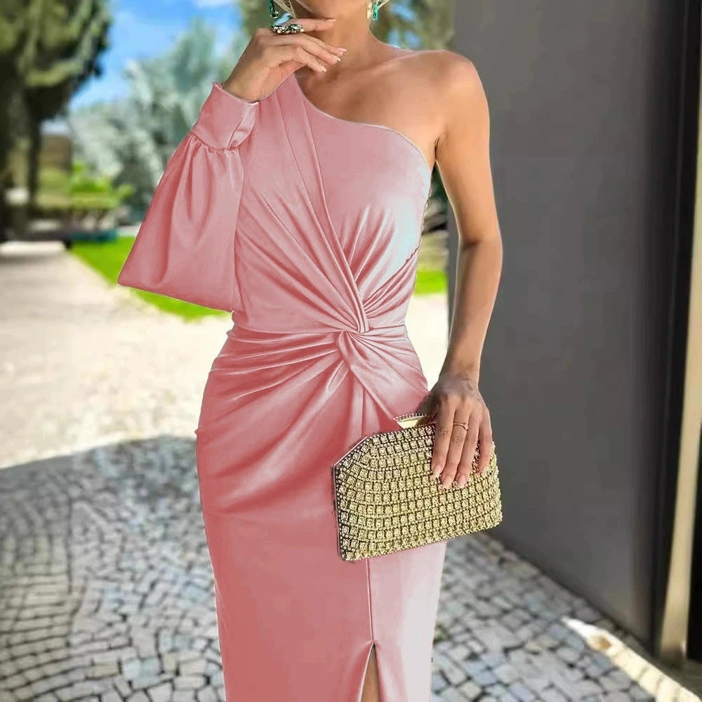 Women's Diagonal Shoulder Knot Split Solid Color Slim Fit Dress Women's Garments Apparel / Clothing