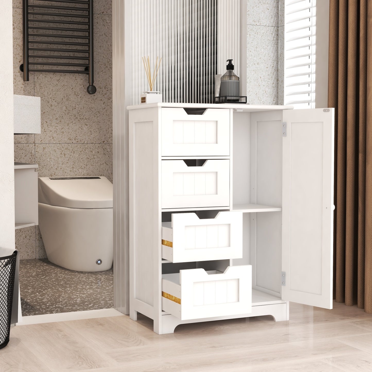 White Freestanding Storage Cabinet With Adjustable Shelves, 4 Drawers, 1 Door Furniture