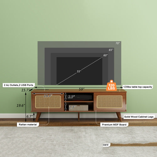 Meuble TV et meuble de divertissement en rotin moderne du milieu du siècle
