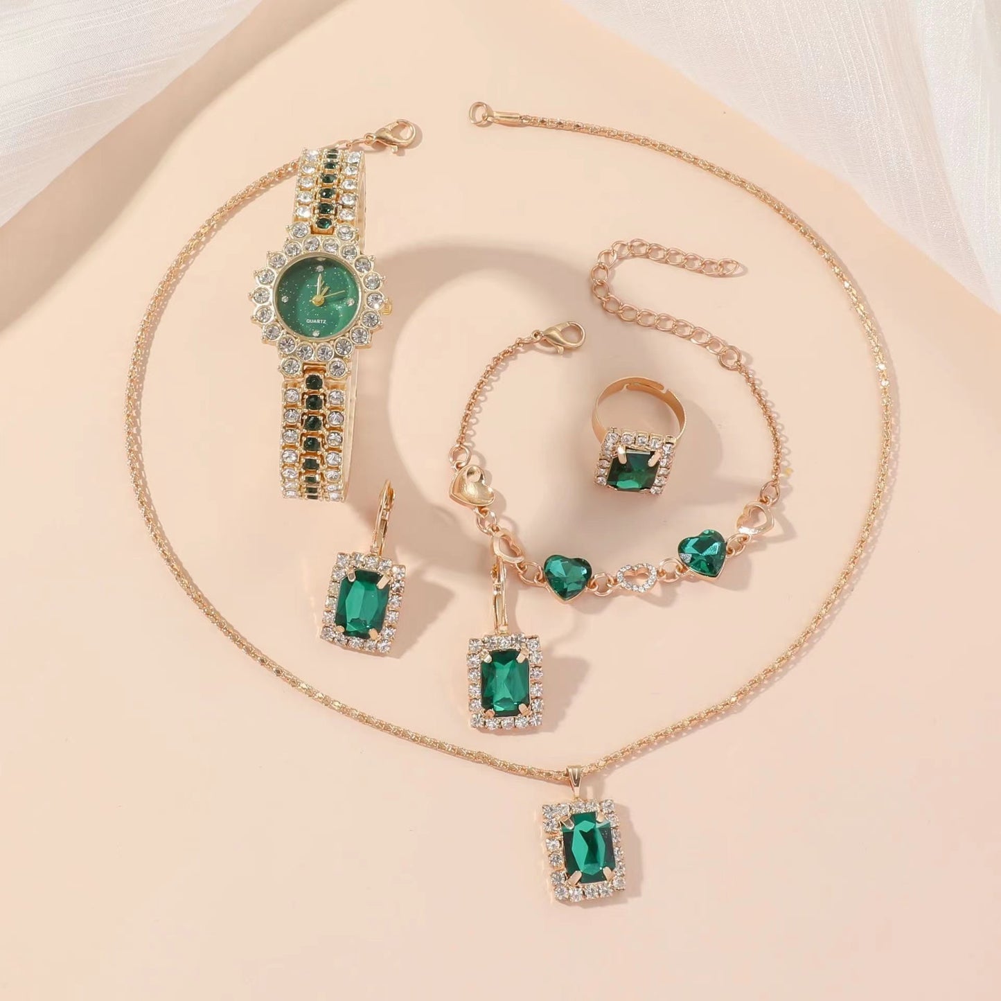 Popular Small Green Watch Women's Steel Belt Quartz Watch Ring Gift Set Boxed Five-piece Set Jewelry/Accessories