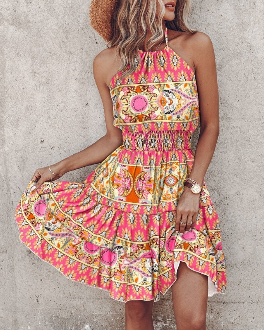 Summer European And American New Printed Halter Dress Women's Garments Apparel / Clothing