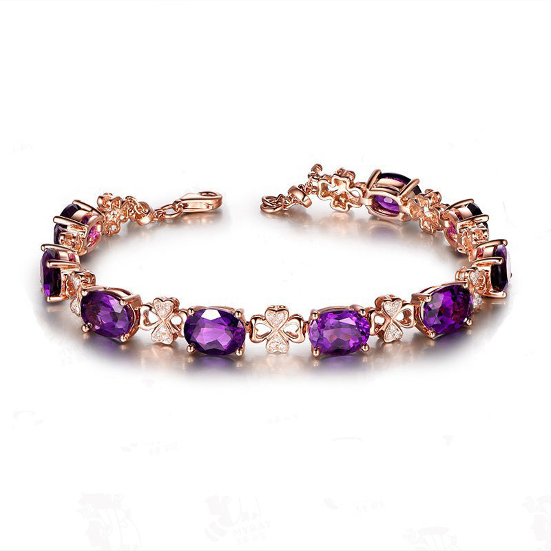 Quality Ear Hook Purple Gemstone Diamond Ring Rose Gold Collarbone Necklace Set Jewelry/Accessories